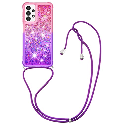 CaseLover Handykette Handyhülle für Samsung A13 4G, Glitzer Flüssig Bewegende Treibsand Transparent Silikon Case mit Kordel zum Umhängen Necklace Hülle mit Band für Samsung Galaxy A13 4G, Pink Lila von CaseLover