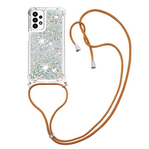 CaseLover Handykette Handyhülle für Samsung A23, Glitzer Flüssig Bewegende Treibsand Transparent Silikon Case mit Kordel zum Umhängen Necklace Hülle mit Band für Samsung Galaxy A23 4G/5G, Silber von CaseLover