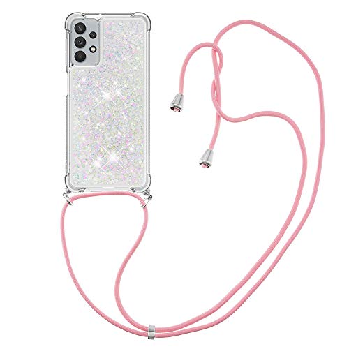 CaseLover Handykette Handyhülle für Samsung A32 5G, Glitzer Flüssig Bewegende Treibsand Transparent Silikon Case mit Kordel zum Umhängen Necklace Hülle Band für Samsung Galaxy A32 5G, Silber Rosa von CaseLover