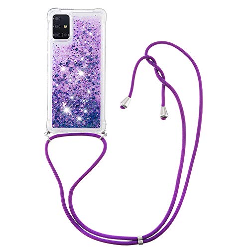 CaseLover Handykette Handyhülle für Samsung A51 4G, Glitzer Flüssig Bewegende Treibsand Transparent Silikon Case mit Kordel zum Umhängen Necklace Hülle Band für Samsung Galaxy A51 4G, Lila von CaseLover