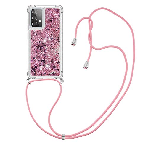 CaseLover Handykette Handyhülle für Samsung A52 5G, Glitzer Flüssig Bewegende Treibsand Transparent Silikon Case mit Kordel zum Umhängen Necklace Hülle mit Band für Samsung Galaxy A52/A52S, Rosen Rot von CaseLover