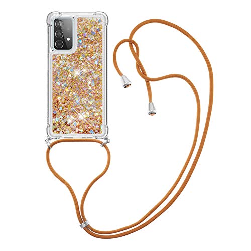 CaseLover Handykette Handyhülle für Samsung A52 5G, Glitzer Flüssig Bewegende Treibsand Transparent Silikon Case mit Kordel zum Umhängen Necklace Hülle mit Band für Samsung Galaxy A52/A52S 5G, Golden von CaseLover