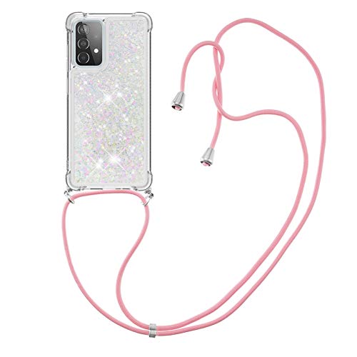 CaseLover Handykette Handyhülle für Samsung A53 5G, Glitzer Flüssig Bewegende Treibsand Transparent Silikon Case mit Kordel zum Umhängen Necklace Hülle mit Band für Samsung Galaxy A53 5G, Silber Rosa von CaseLover