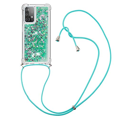 CaseLover Handykette Handyhülle für Samsung A53 5G, Glitzer Flüssig Bewegende Treibsand Transparent Silikon Case mit Kordel zum Umhängen Necklace Hülle mit Band für Samsung Galaxy A53 5G, Grün von CaseLover