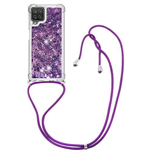 CaseLover Handykette Handyhülle für Samsung Galaxy A12/M12, Glitzer Flüssig Bewegende Treibsand Transparent Silikon Case mit Kordel zum Umhängen Necklace Hülle mit Band für Samsung Galaxy A12, Lila von CaseLover