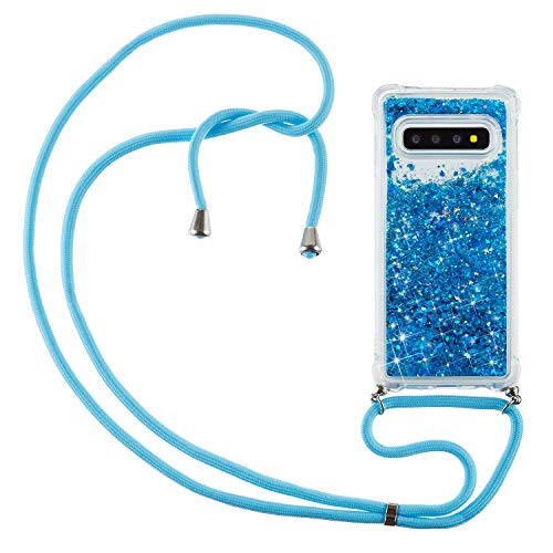 CaseLover Handykette Handyhülle für Samsung Galaxy S10 Plus, Glitzer Flüssig Bewegende Treibsand Transparent Silikon Case mit Kordel zum Umhängen Necklace Phone Hülle Band für Samsung S10+, Blau von CaseLover