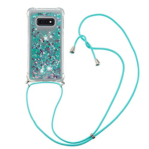 CaseLover Handykette Handyhülle für Samsung Galaxy S10E, Glitzer Flüssig Bewegende Treibsand Transparent Silikon Case mit Kordel zum Umhängen Necklace Hülle Band für Samsung Galaxy S10E, Grün von CaseLover