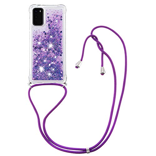 CaseLover Handykette Handyhülle für Samsung Galaxy S20, Glitzer Flüssig Bewegende Treibsand Transparent Silikon Case mit Kordel zum Umhängen Necklace Hülle Band für Samsung Galaxy S20 5G, Lila von CaseLover