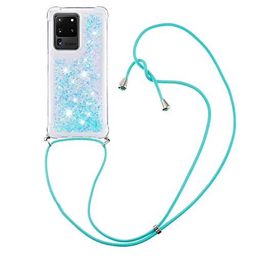 CaseLover Handykette Handyhülle für Samsung S20 Ultra, Glitzer Flüssig Bewegende Treibsand Transparent Silikon Case mit Kordel zum Umhängen Necklace Hülle für Samsung Galaxy S20 Ultra 5G, Silber Blau von CaseLover