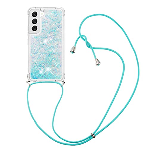 CaseLover Handykette Handyhülle für Samsung S22 Plus 5G, Glitzer Flüssig Bewegende Treibsand Transparent Silikon Case mit Kordel zum Umhängen Necklace Hülle mit Band für Samsung S22+ 5G, Hellblau von CaseLover