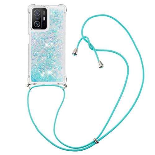 CaseLover Handykette Handyhülle für Xiaomi 11T 5G/11T Pro 5G, Glitzer Flüssig Bewegende Treibsand Transparent Case mit Kordel zum Umhängen Necklace Hülle mit Band für Xiaomi 11T Pro 5G, Silber Blau von CaseLover