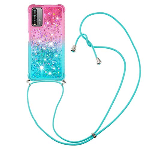 CaseLover Handykette Handyhülle für Xiaomi Poco M3, Glitzer Flüssig Bewegende Treibsand Transparent Silikon Case mit Kordel zum Umhängen Necklace Phone Hülle Band für Xiaomi Redmi 9T, Rosa Grün von CaseLover