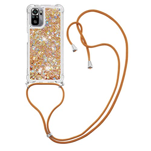 CaseLover Handykette Handyhülle für Xiaomi Redmi Note 10 4G, Glitzer Flüssig Bewegende Treibsand Transparent Silikon Case mit Kordel zum Umhängen Necklace Hülle Band für Redmi Note 10S, Golden von CaseLover