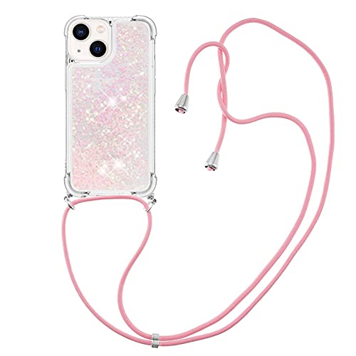 CaseLover Handykette Handyhülle für iPhone 13 Mini, Glitzer Flüssig Bewegende Treibsand Transparent Silikon Case mit Kordel zum Umhängen Necklace Hülle mit Band für iPhone 13 Mini, Rosa von CaseLover