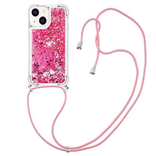 CaseLover Handykette Handyhülle für iPhone 13 Mini, Glitzer Flüssig Bewegende Treibsand Transparent Silikon Case mit Kordel zum Umhängen Necklace Hülle mit Band für iPhone 13 Mini, Rot von CaseLover