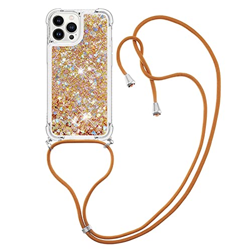 CaseLover Handykette Handyhülle für iPhone 13 Pro Max, Glitzer Flüssig Bewegende Treibsand Transparent Silikon Case mit Kordel zum Umhängen Necklace Hülle mit Band für iPhone 13 Pro Max, Golden von CaseLover