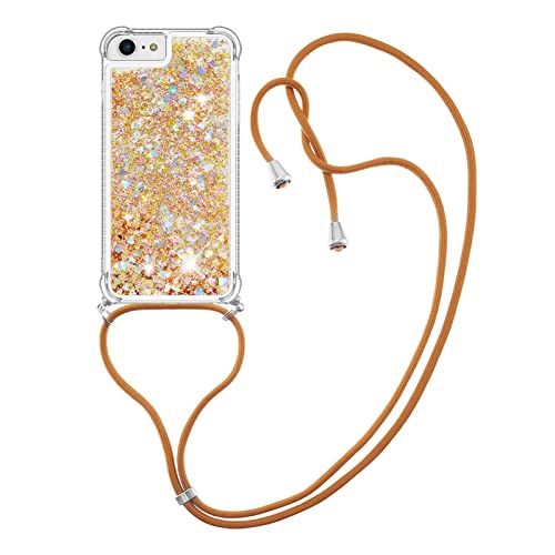 CaseLover Handykette Handyhülle für iPhone SE 2022/6/6S/7/8/SE 2020, Glitzer Flüssig Bewegende Treibsand Transparent Case mit Kordel zum Umhängen Necklace Hülle mit Band für iPhone 8/7, Golden von CaseLover