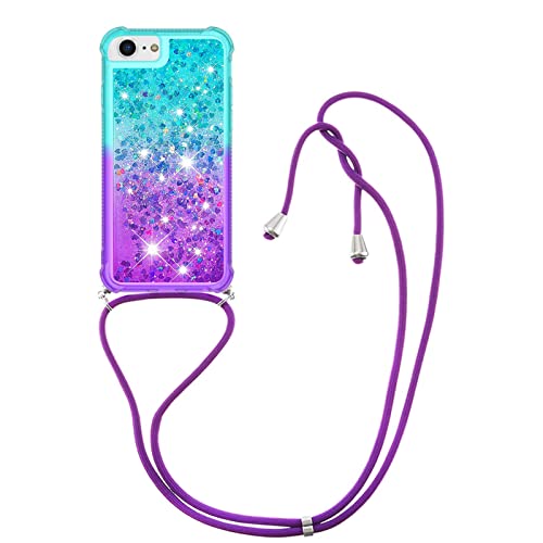 CaseLover Handykette Handyhülle für iPhone SE 2022/6/6S/7/8/SE 2020, Glitzer Flüssig Bewegende Treibsand Transparent Case mit Kordel zum Umhängen Necklace Hülle mit Band für iPhone 8/7, Grün Lila von CaseLover