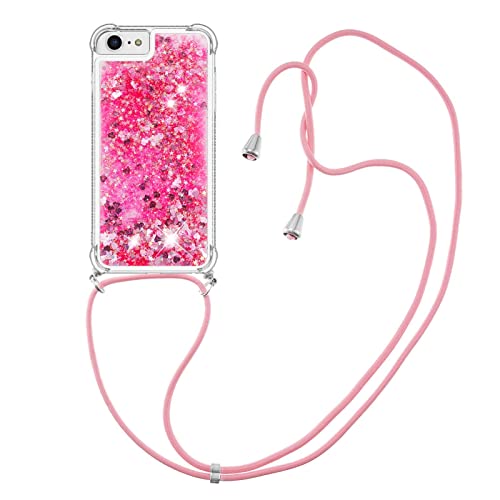 CaseLover Handykette Handyhülle für iPhone SE 2022/6/6S/7/8/SE 2020, Glitzer Flüssig Bewegende Treibsand Transparent Case mit Kordel zum Umhängen Necklace Hülle mit Band für iPhone 8/7, Rot von CaseLover