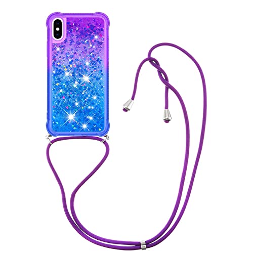 CaseLover Handykette Handyhülle für iPhone X/iPhone XS, Glitzer Flüssig Bewegende Treibsand Transparent Silikon Case mit Kordel zum Umhängen Necklace Hülle mit Band für iPhone X/iPhone XS, Lila-Blau von CaseLover