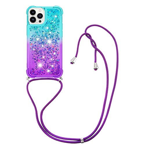 CaseLover Handykette Handyhülle kompatibel iPhone 13 Pro, Glitzer Flüssig Bewegende Treibsand Transparent Silikon Case mit Kordel zum Umhängen Necklace Hülle mit Band für iPhone 13 Pro, Grün Lila von CaseLover