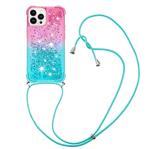 CaseLover Handykette Handyhülle kompatibel iPhone 13 Pro, Glitzer Flüssig Bewegende Treibsand Transparent Silikon Case mit Kordel zum Umhängen Necklace Hülle mit Band für iPhone 13 Pro, Rosa Grün von CaseLover