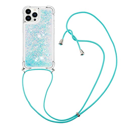 CaseLover Handykette Handyhülle kompatibel iPhone 13 Pro, Glitzer Flüssig Bewegende Treibsand Transparent Silikon Case mit Kordel zum Umhängen Necklace Hülle mit Band für iPhone 13 Pro, Silber Blau von CaseLover