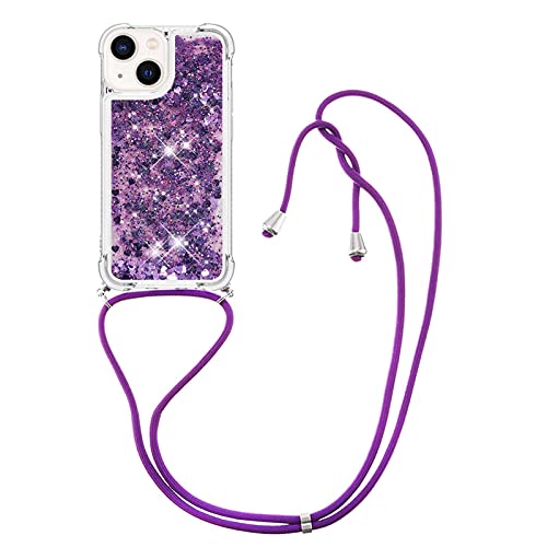 CaseLover Handykette Handyhülle kompatibel mit iPhone 13, Glitzer Flüssig Bewegende Treibsand Transparent Silikon Case mit Kordel zum Umhängen Necklace Hülle mit Band für iPhone 13, Lila von CaseLover