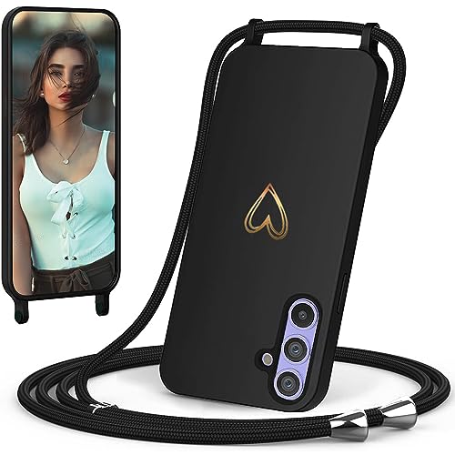 CaseLover Handykette für Samsung Galaxy A34 5G Hülle mit Band, Herz Muster Silikon Necklace Handyhülle mit Abnehmbar Kordel zum Umhängen Stossfest Bumper Handy Schutzhülle für Galaxy A34 5G, Schwarz von CaseLover