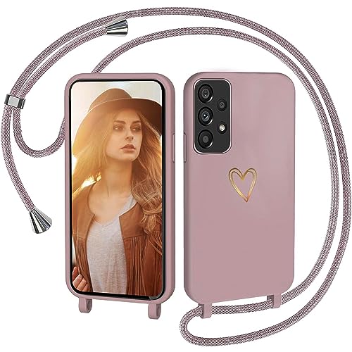 CaseLover Handykette für Samsung Galaxy A53 5G Hülle mit Band, Herz Muster Silikon Necklace Handyhülle mit Abnehmbar Kordel zum Umhängen Stossfest Bumper Handy Schutzhülle für Galaxy A53 5G, Pink von CaseLover