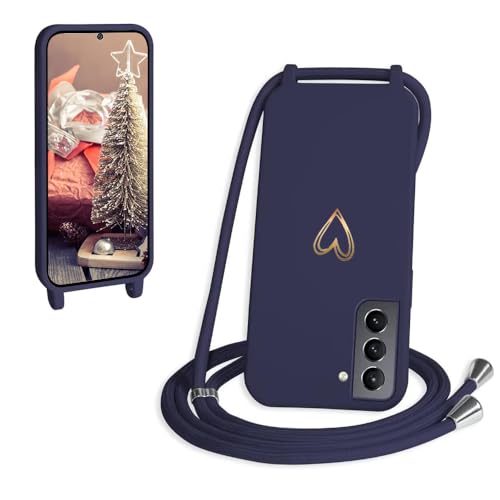 CaseLover Handykette für Samsung Galaxy S21 FE 5G Hülle mit Band, Herz Muster Silikon Necklace Handyhülle mit Abnehmbar Kordel zum Umhängen Stossfest Bumper Handy Schutzhülle für S21 FE, Navy Blau von CaseLover