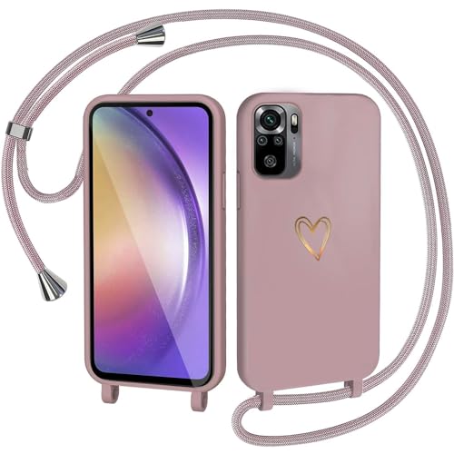 CaseLover Handykette für Xiaomi Redmi Note 10 4G/Redmi Note 10S Hülle mit Band, Herz Muster Silikon Necklace Handyhülle mit Abnehmbar Kordel zum Umhängen Stossfest Bumper Handy Schutzhülle, Pink von CaseLover