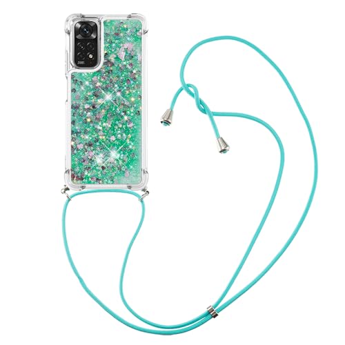 CaseLover Handykette für Xiaomi Redmi Note 12S 4G Hülle mit Band, Glitzer Flüssig Bewegende Treibsand Silikon Necklace Handyhülle mit Abnehmbar Kordel zum Umhängen Stossfest Schutzhülle, Grün von CaseLover