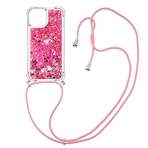 CaseLover Handykette kompatibel iPhone 15 Hülle mit Band, Glitzer Flüssig Bewegende Treibsand Silikon Necklace Handyhülle mit Abnehmbar Kordel zum Umhängen Stossfest Bumper Schutzhülle, Rot von CaseLover