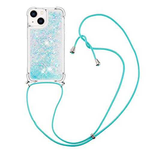 CaseLover Handykette kompatibel iPhone 15 Hülle mit Band, Glitzer Flüssig Bewegende Treibsand Silikon Necklace Handyhülle mit Abnehmbar Kordel zum Umhängen Stossfest Bumper Schutzhülle, Silber Blau von CaseLover