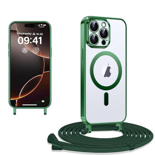 CaseLover Magnetische Handykette kompatibel iPhone 15 Pro Hülle mit Band, Klare Silikon Necklace Handyhülle mit Kordel zum Umhängen Stossfest Kameraschutz Bumper Schutzhülle für iPhone 15 Pro, Grün von CaseLover