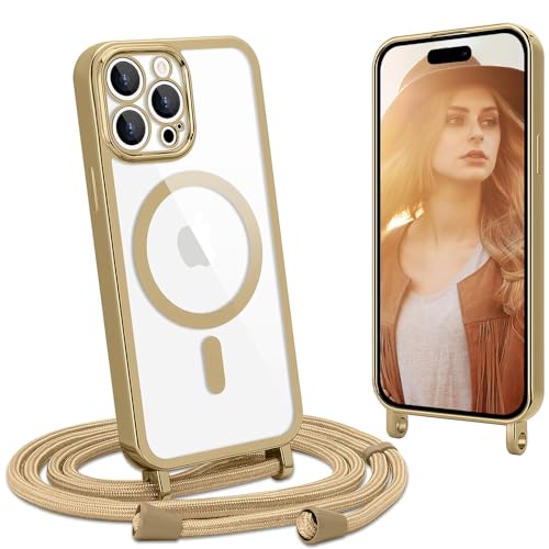 CaseLover Magnetische Handykette kompatibel iPhone 15 Pro Hülle mit Band Klare Silikon Necklace Handyhülle mit Kordel zum Umhängen Stossfest Kameraschutz Bumper Schutzhülle für iPhone 15 Pro, Gold von CaseLover