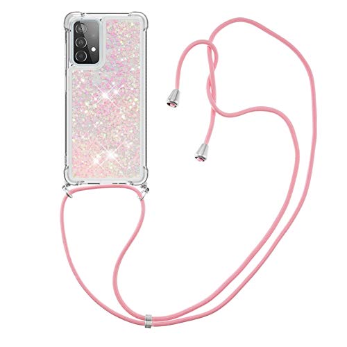 Handykette Handyhülle für Samsung Galaxy A52/A52S 5G, CaseLover Glitzer Flüssig Bewegende Treibsand Transparent Silikon Case mit Kordel zum Umhängen Necklace Hülle mit Band für Samsung A52 4G/5G, Rosa von CaseLover