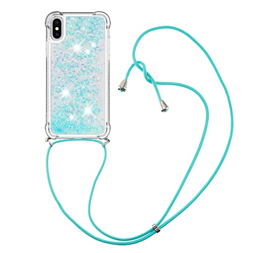 Handykette Handyhülle für iPhone X/iPhone XS, CaseLover Glitzer Flüssig Bewegende Treibsand Transparent Silikon Case mit Kordel zum Umhängen Necklace Hülle mit Band für iPhone X/iPhone XS, Silber Blau von CaseLover