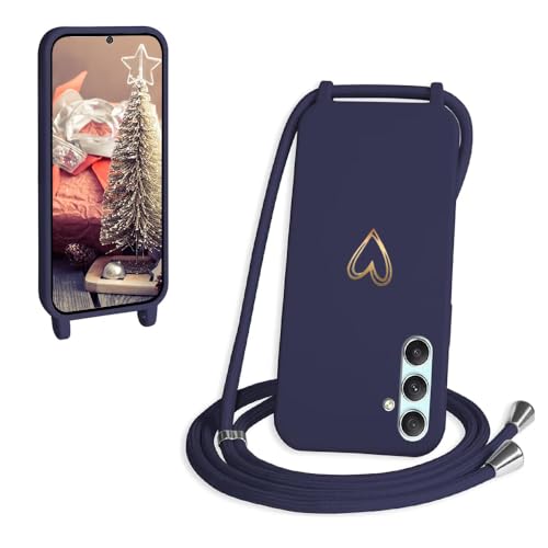 Handykette für Samsung Galaxy A14 5G/4G Hülle mit Band, CaseLover Herz Muster Silikon Necklace Handyhülle mit Abnehmbar Kordel zum Umhängen Stossfest Bumper Handy Schutzhülle für Galaxy A14, Navy Blau von CaseLover