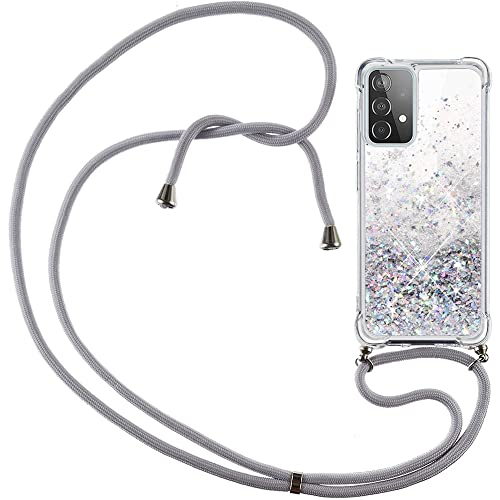 Handykette für Samsung Galaxy A53 5G Hülle mit Band, CaseLover Glitzer Flüssig Bewegende Treibsand Silikon Necklace Handyhülle mit Abnehmbar Kordel zum Umhängen Stossfest Schutzhülle Case, Silber Grau von CaseLover