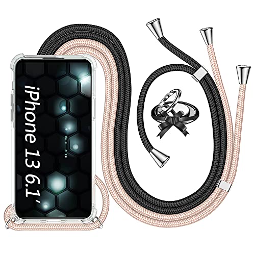 Handykette kompatibel mit iPhone 13 Necklace Hülle mit Band CaseLover Transparent Silikon Handyhülle für iPhone 13 mit Kordel zum Umhängen Stossfest Schutzhülle mit 2 Kette + Ständer, Roségold+Schwarz von CaseLover