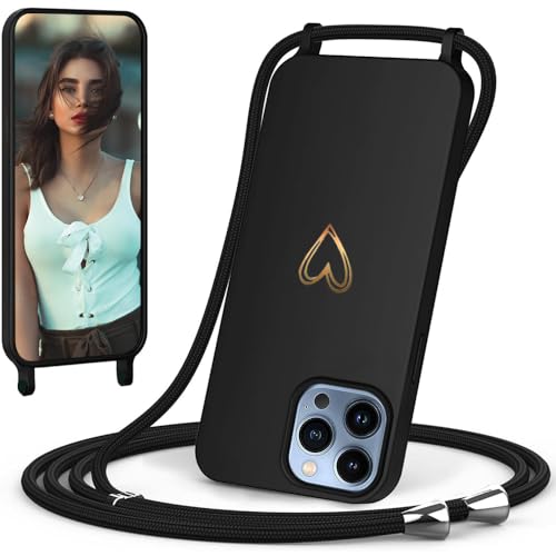 CaseLover Handykette kompatibel mit iPhone 16 Pro Hülle mit Band, Herz Silikon Necklace Handyhülle mit Abnehmbar Kordel zum Umhängen Stossfest Schutzhülle kompatibel mit iPhone 16 Pro, Schwarz von CaseLover