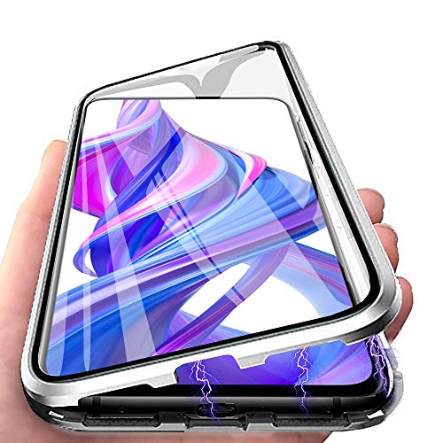 Huawei P30 Lite Hülle, Handyhülle für Huawei P30 Lite New Edition Hülle Magnetic Adsorption, CaseLover 360 Komplettschutz Schutzhülle Clear Doppelseitige Aus Gehärtetem Glas Metall Flip Tasche, Silber von CaseLover