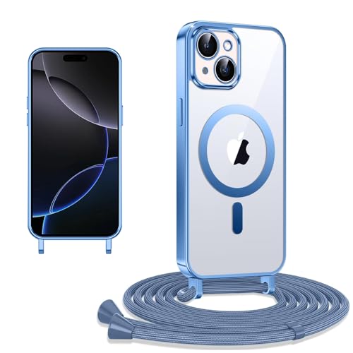 Magnetische Handykette kompatibel iPhone 13 Hülle mit Band, CaseLover Klare Silikon Necklace Handyhülle mit Kordel zum Umhängen Stossfest Kameraschutz Bumper Handy Schutzhülle Case für iPhone 13, Blau von CaseLover