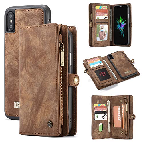 ANROD Brieftasche Hülle für iPhone X XS,CaseMe Stoßfestes Geldbörsenetui,Abnehmbares Portemonnaie Mit Reißverschluss,Kartensteckplatz Und Originellem Magneten (X XS, Brown) von ANROD