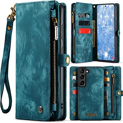 CaseMe Brieftasche Hülle für Samsung Galaxy S22 5G,Stoßfestes Geldbörsenetui,Abnehmbares Portemonnaie Mit Reißverschluss,Kartensteckplatz Und Originellem Magneten (Blau) von CaseMe