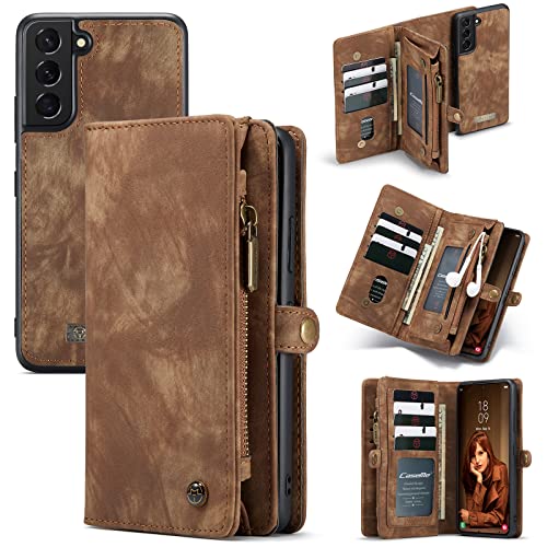 CaseMe Brieftasche Hülle für Samsung Galaxy S22 Plus 5G,Stoßfestes Geldbörsenetui,Abnehmbares Portemonnaie Mit Reißverschluss,Kartensteckplatz Und Originellem Magneten (Brown) von CaseMe