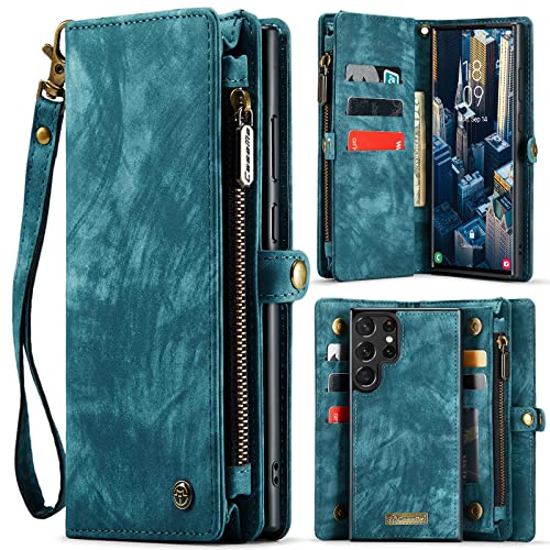CaseMe Brieftasche Hülle für Samsung Galaxy S22 Ultra 5G,Stoßfestes Geldbörsenetui,Abnehmbares Portemonnaie Mit Reißverschluss,Kartensteckplatz Und Originellem Magneten (Blau) von CaseMe