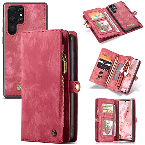 CaseMe Brieftasche Hülle für Samsung Galaxy S22 Ultra 5G,Stoßfestes Geldbörsenetui,Abnehmbares Portemonnaie Mit Reißverschluss,Kartensteckplatz Und Originellem Magneten (Rot) von CaseMe